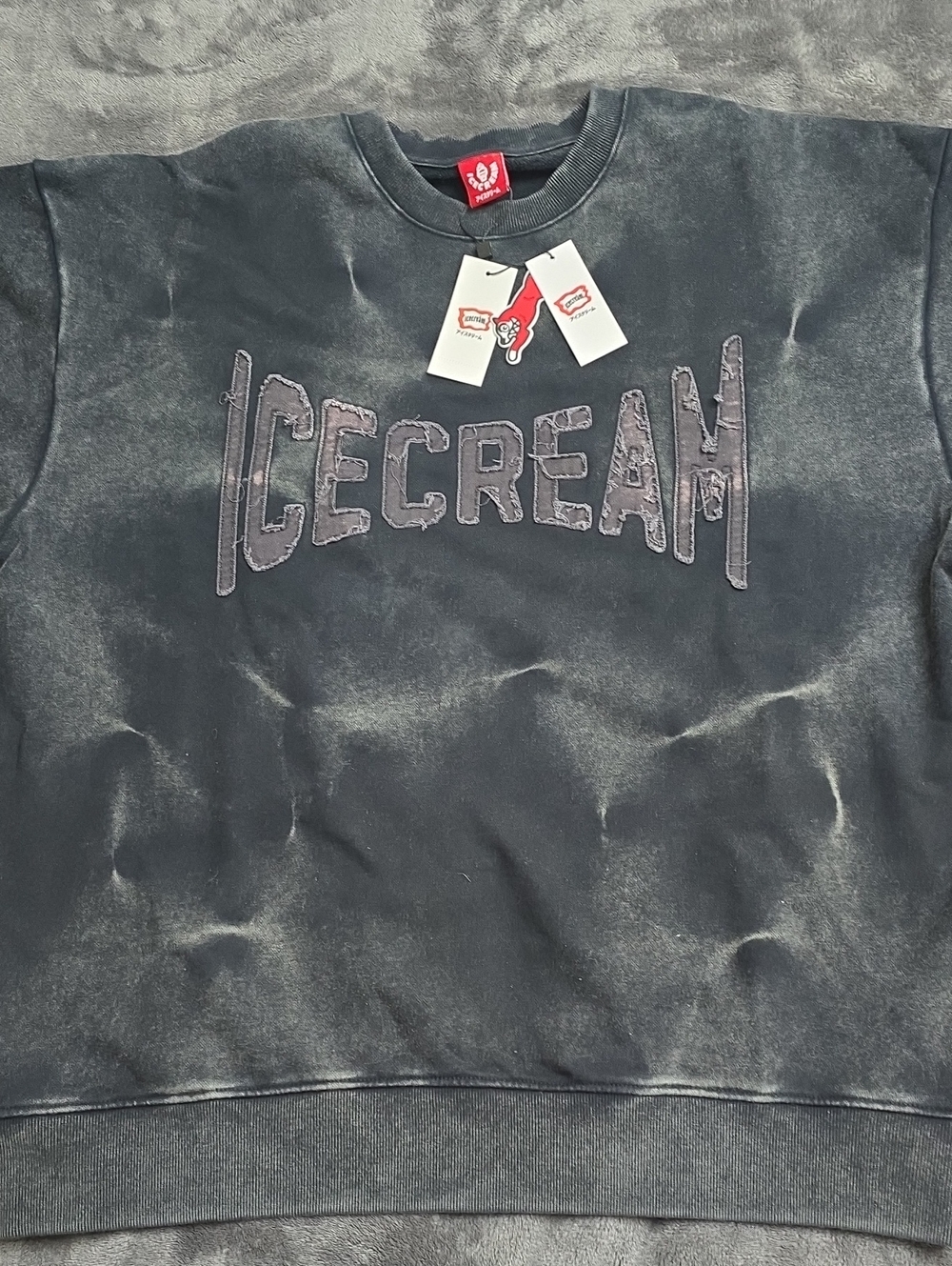 Icecream Washed Black Logo Crewneck Sweater with Faded Gray Detailing